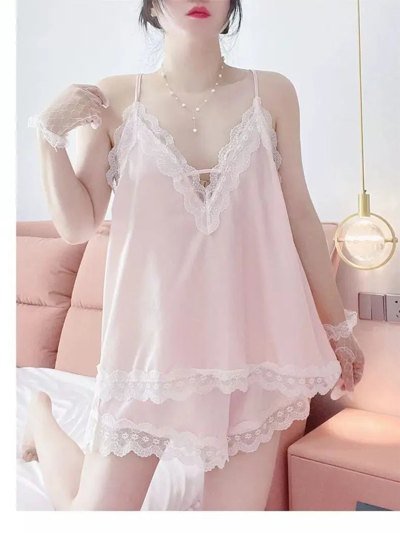Conjuntos de pijama Y2K para mujer, ropa de hogar sexy de verano, talla grande, de seda fresca, suelta, elegante, con cuello en V y encaje, conjunto de dos piezas