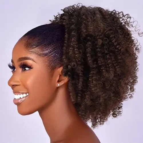 Afro Puff Crépu Bouclé Queue de Cheval à Cordon Extension Chignon pour Femmes Noires Perruque Courte Synthétique Afro Crépu Bouclé Postiche Cheveux Afro