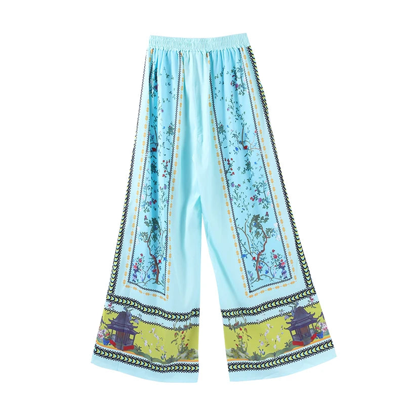 Conjunto de pantalones largos estampados para mujer, elegante camisa de manga larga con cuello en V, pantalón ancho holgado, traje de verano de 2 piezas para mujer, estilo urbano
