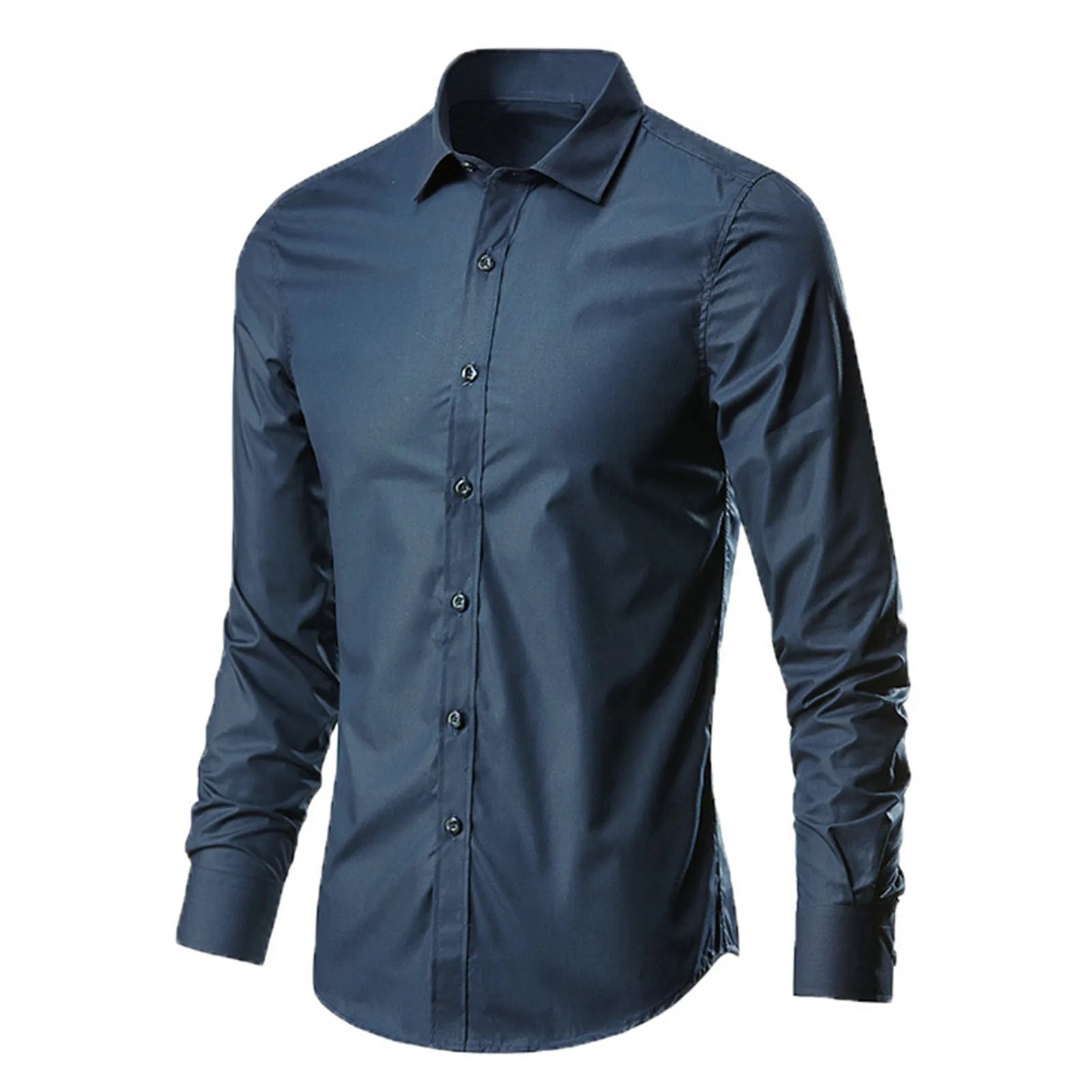 Camisa de vestir de negocios para hombre, de lujo, informal, social, formal, con solapa, manga larga, corte ajustado, color liso