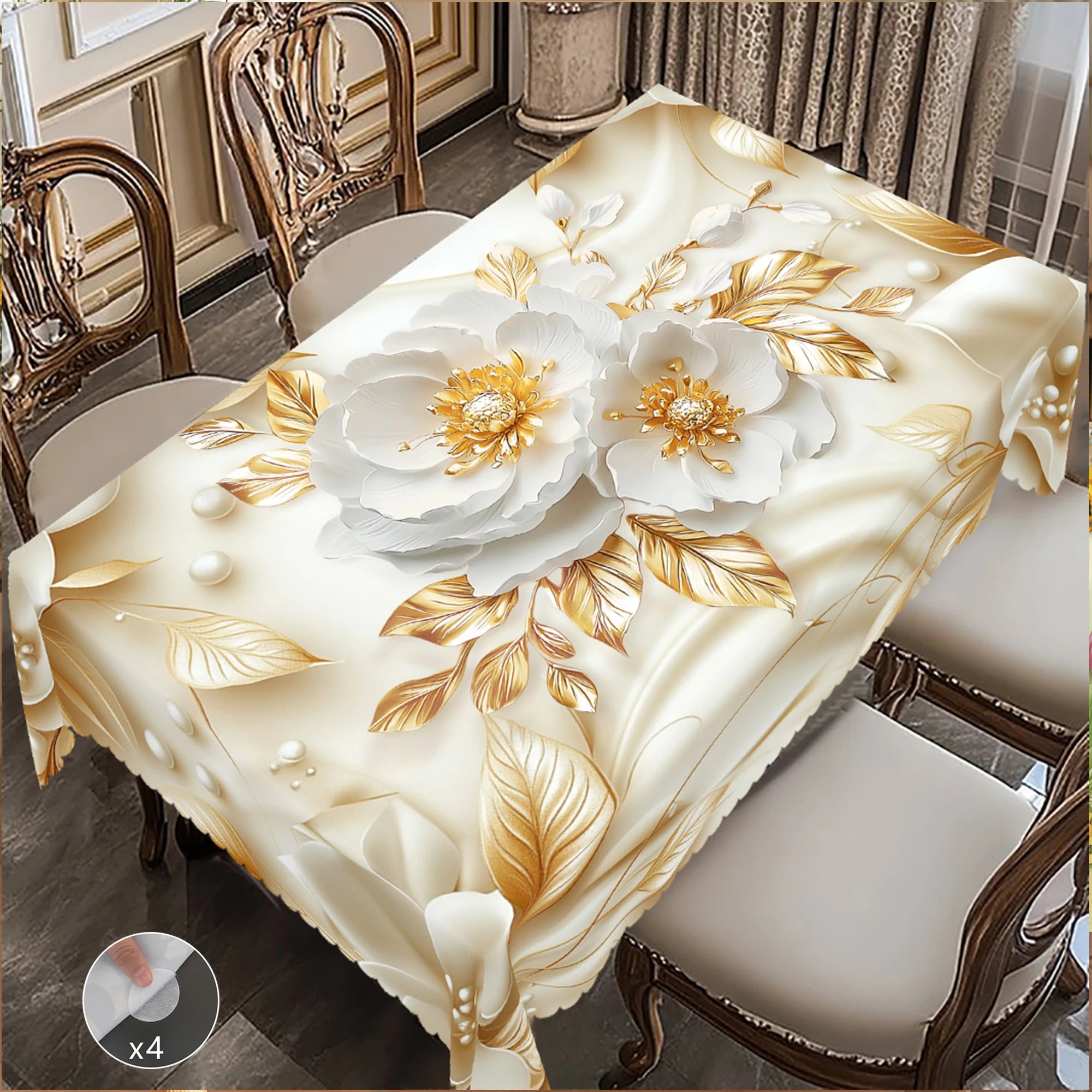 3D Gold Flower Printed Tablecloth – Elegant Floral Decor for Parties & Home