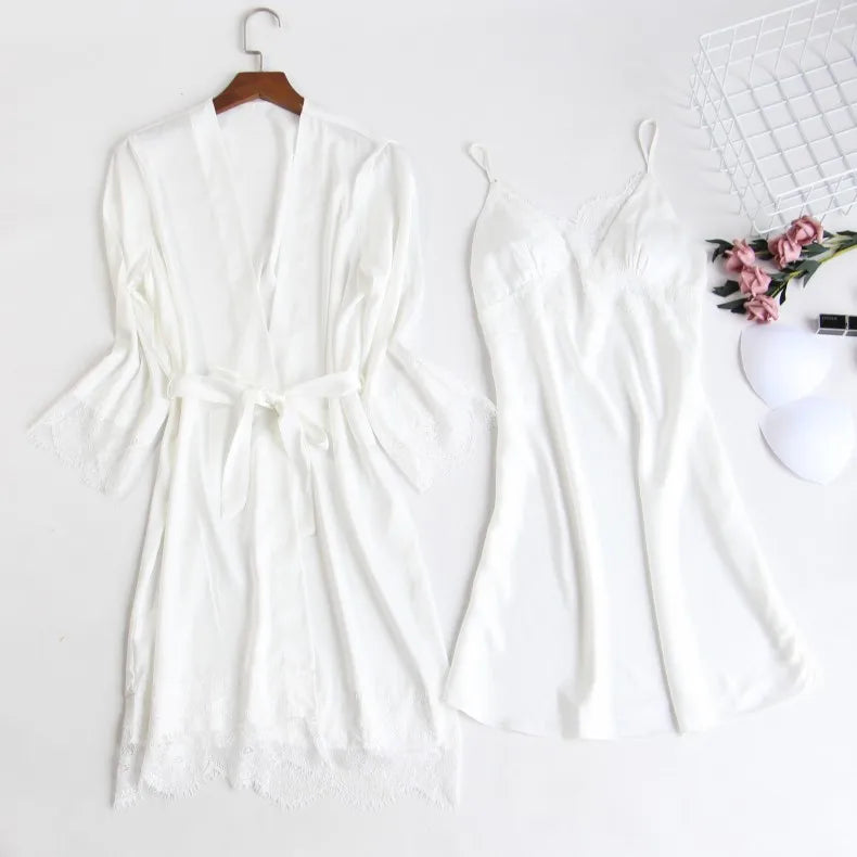 Pijama de cinco piezas para mujer, ropa de dormir para primavera y verano, camisón, bata de baño sexy de encaje, bata de satén de seda suelta para el hogar, ropa de estar en casa