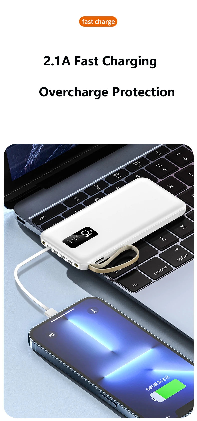 Power Bank 20000mAh Cable Integrado Cargador Portátil Batería Externa para Teléfono Móvil Carga Rápida Powerbank para iPhone 14 Xiaomi Mi