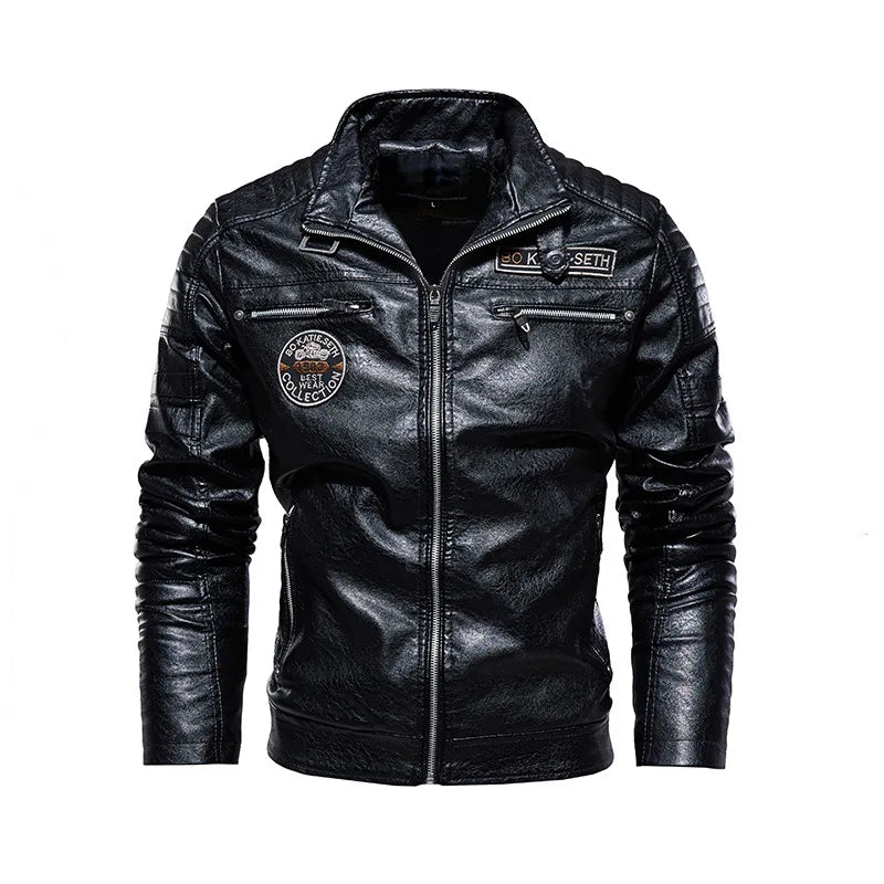 Chaqueta de Motociclista para Hombre, Chaquetas de Cuero PU para Motociclista con Forro Polar, Cortavientos de Moto para Hombre, Cuello Levantado, Chaquetas Casuales