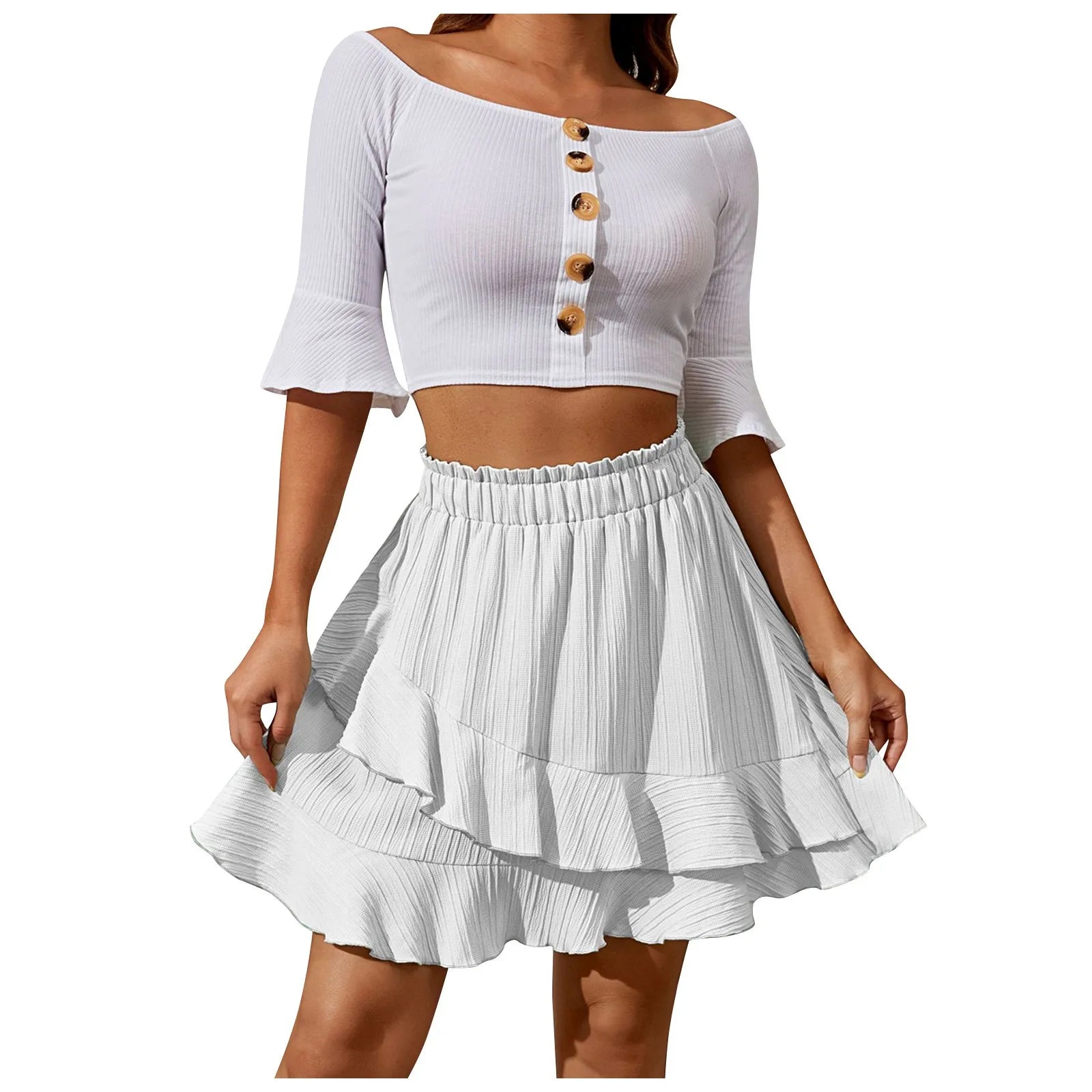 Falda de mujer de moda con volantes, falda corta de cintura alta de color liso irregular, falda de mujer de moda de color liso