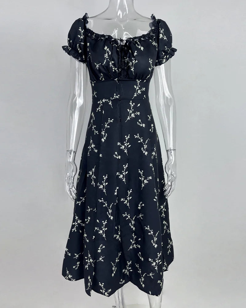 Vestido maxi floral de verano para mujer con hombros descubiertos, mangas abullonadas, bata sexy con cordones laterales, abertura y estilo chic a media pantorrilla QT044