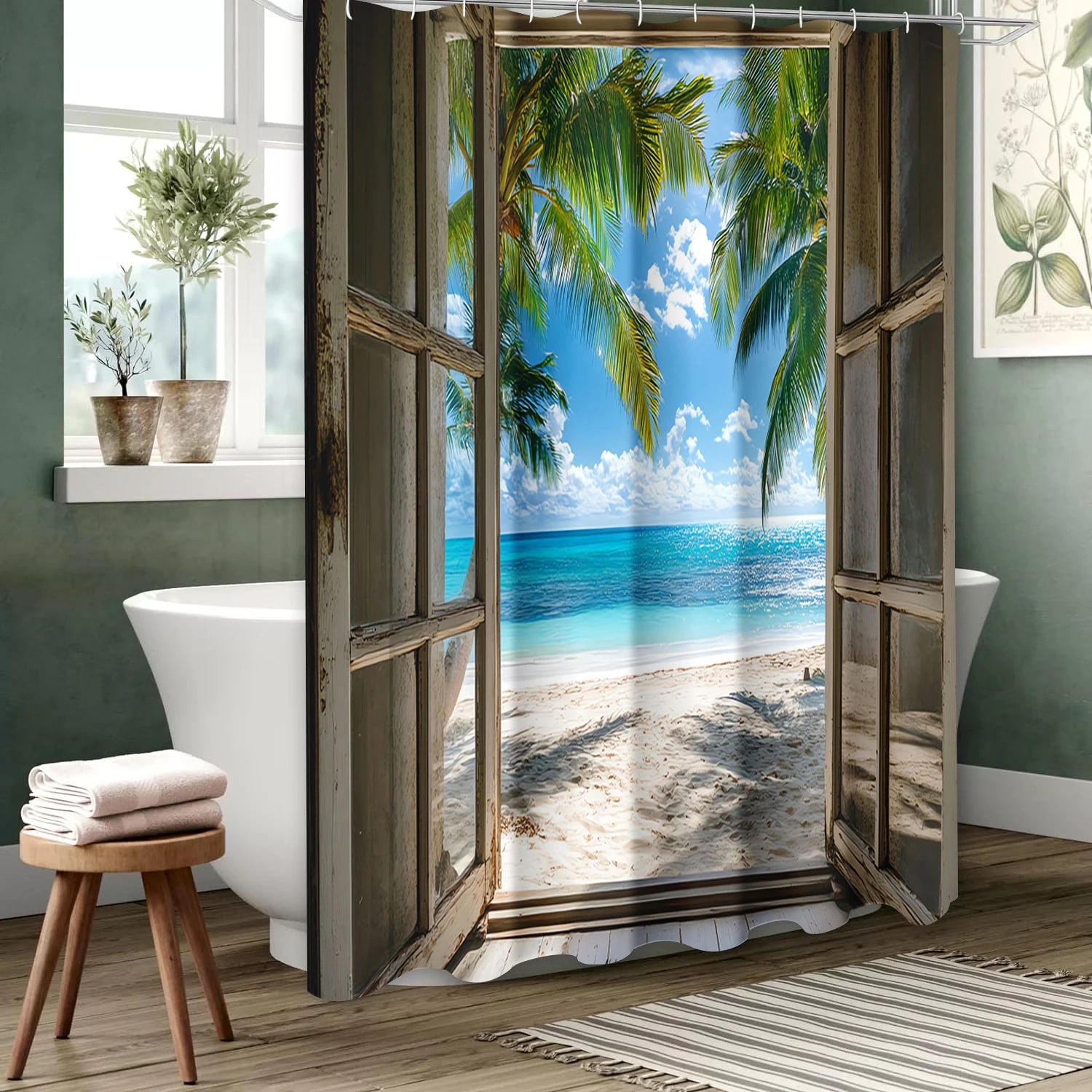Strandlandskap Badeforheng Baderomsdusjforheng Vanntett Med 12 Kroker Hjemmedekor Gratis Frakt