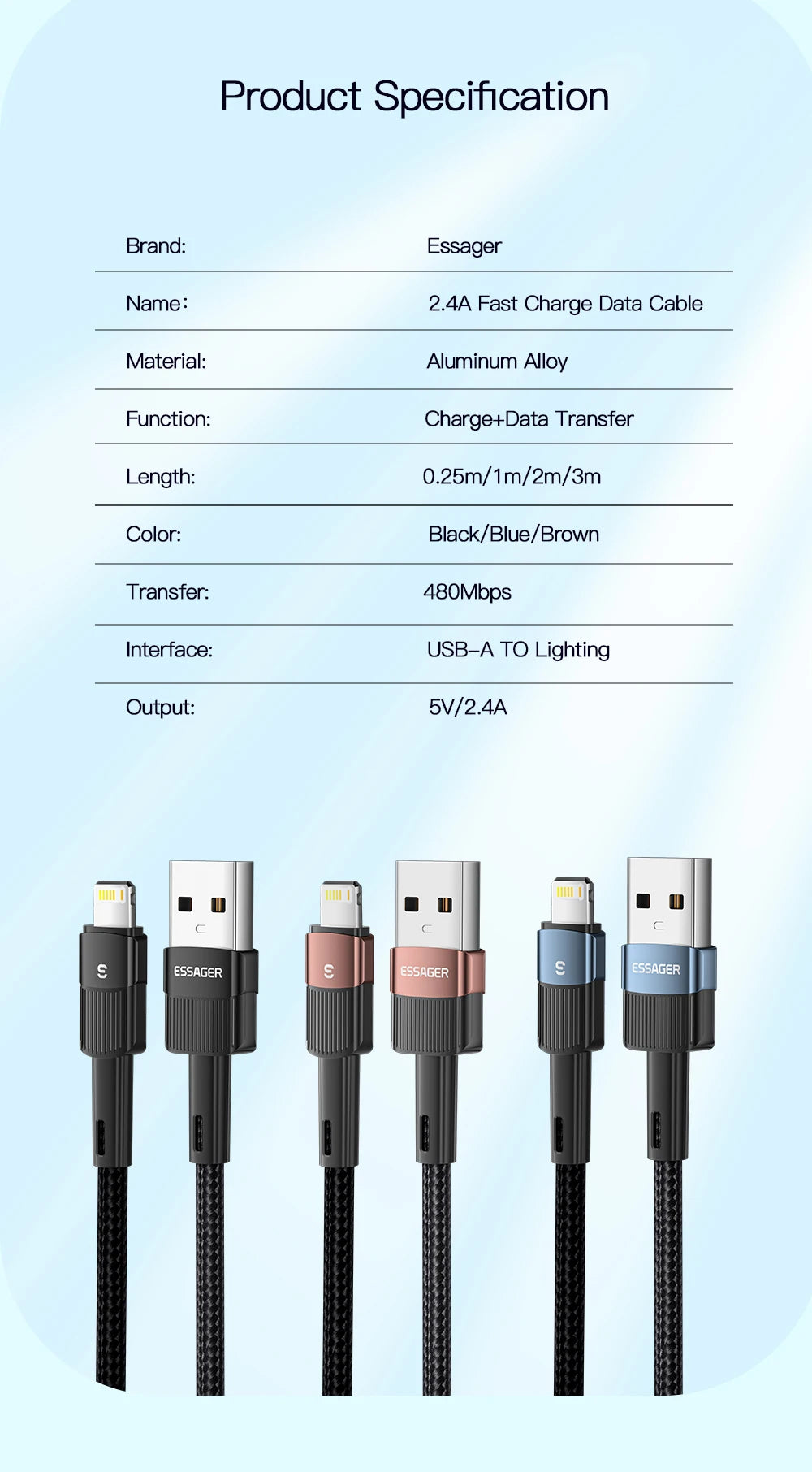 Cable USB Essager de carga rápida para iPhone 11 12 13 Pro Max Mini Xs Xr X SE 8 7 6 Plus 6s 5 5s, cable de 2.4A para cargador de iPhone