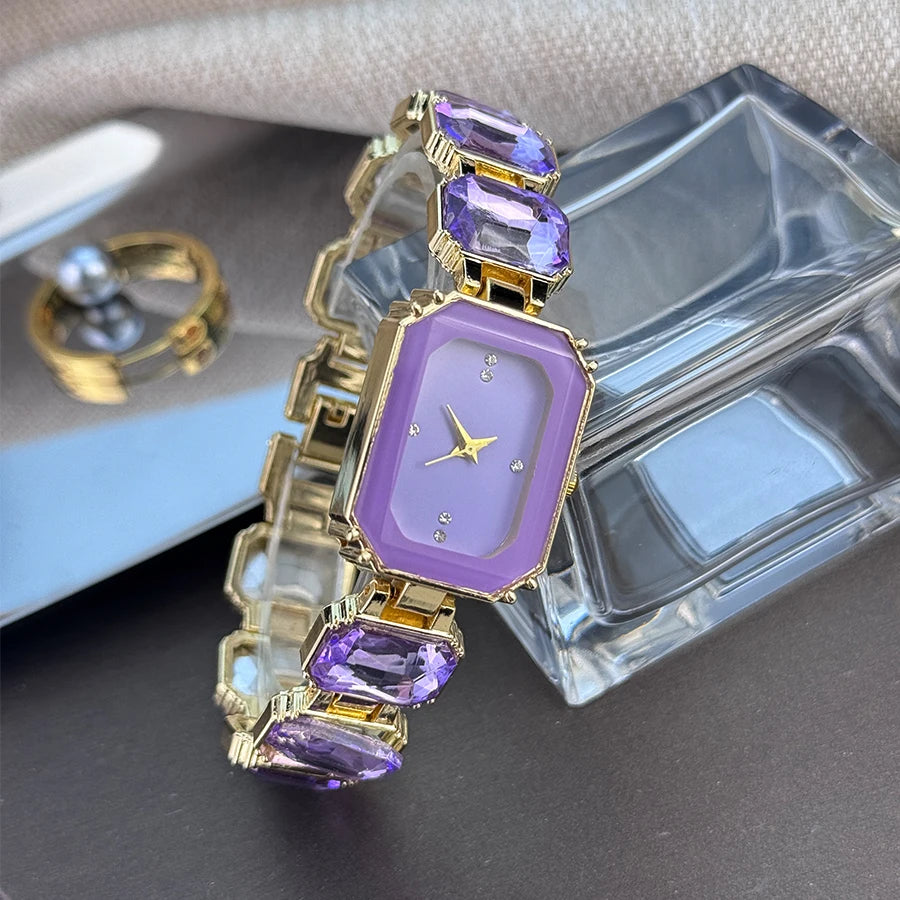 reloj de señora estilo europeo y americano de moda con esfera de diamantes de imitación, caja rectangular de color con cadena de diamantes de imitación, sección grande de mujer