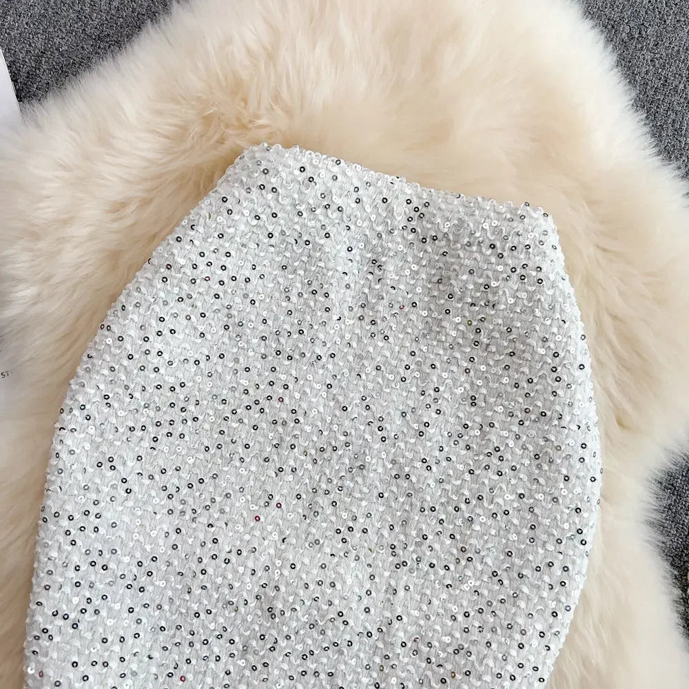 Faldas de mujer elegantes con lentejuelas, faldas de mujer formales para oficina, de primera calidad, elegantes y chic, oferta de lujo original estilo coreano de moda