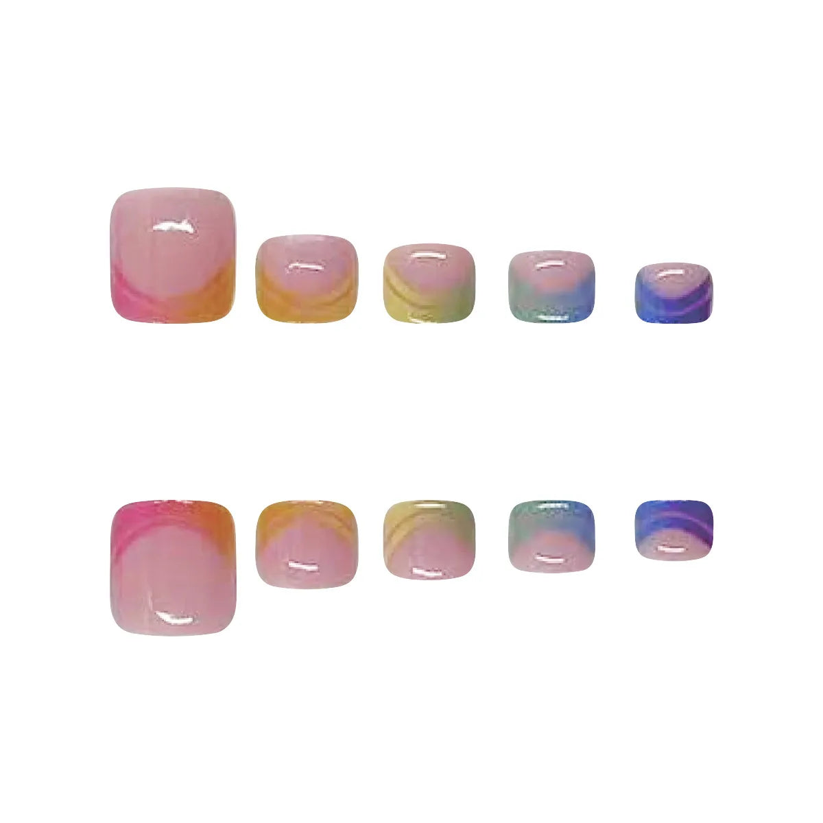 Uñas postizas de verano con diseño francés degradado, uñas cortas cuadradas para pies, juego de uñas a presión, puntas de uñas postizas de arcoíris, cobertura completa