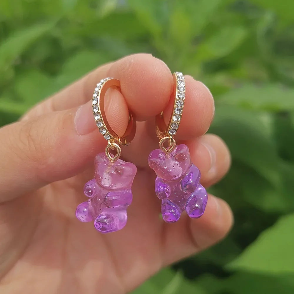 Pendientes colgantes de oso de gominola de acrílico bonitos para mujer, pendientes de aro de oso arcoíris CZ, joyería dulce de niña, moda coreana 2022