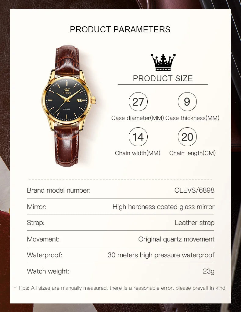 OLEVS 6898 Reloj de Mujer Original de Moda Reloj de Pulsera de Cuarzo Impermeable con Correa de Cuero Luminosa Doble Calendario Reloj de Señora