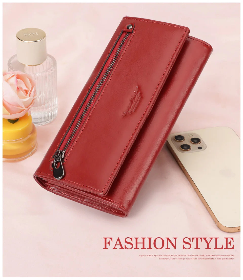 Portefeuille de luxe pour femme, en cuir véritable, avec emplacements pour cartes RFID, porte-monnaie multifonction