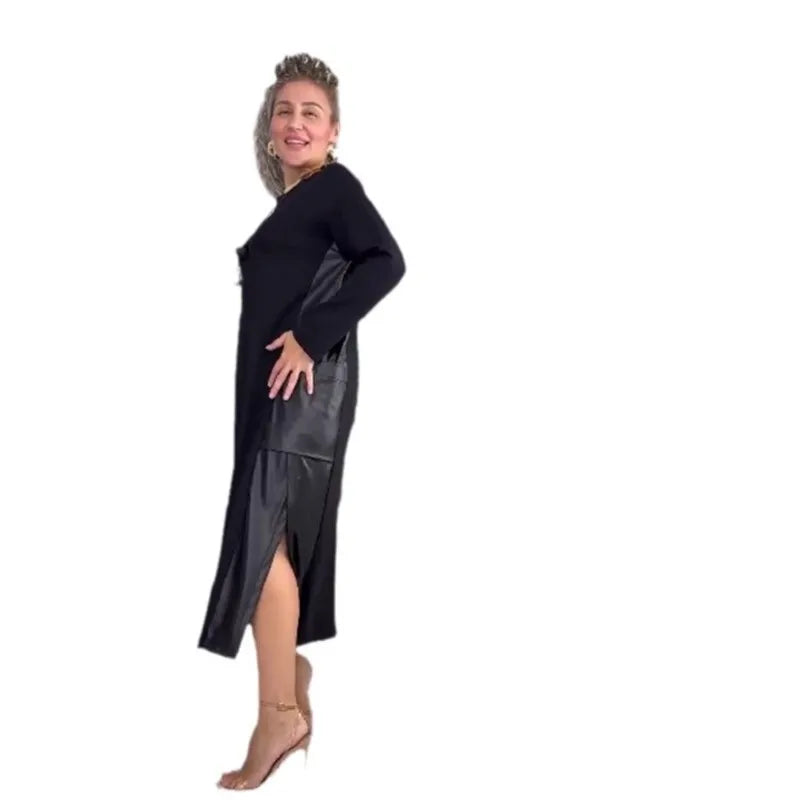 Elegante Vestido Marrón de Otoño Moda Cuello Redondo Manga Larga Retales Abertura Lateral Ropa Urbana Vestidos con Bolsillos Para Mujer Vestidos Nuevos