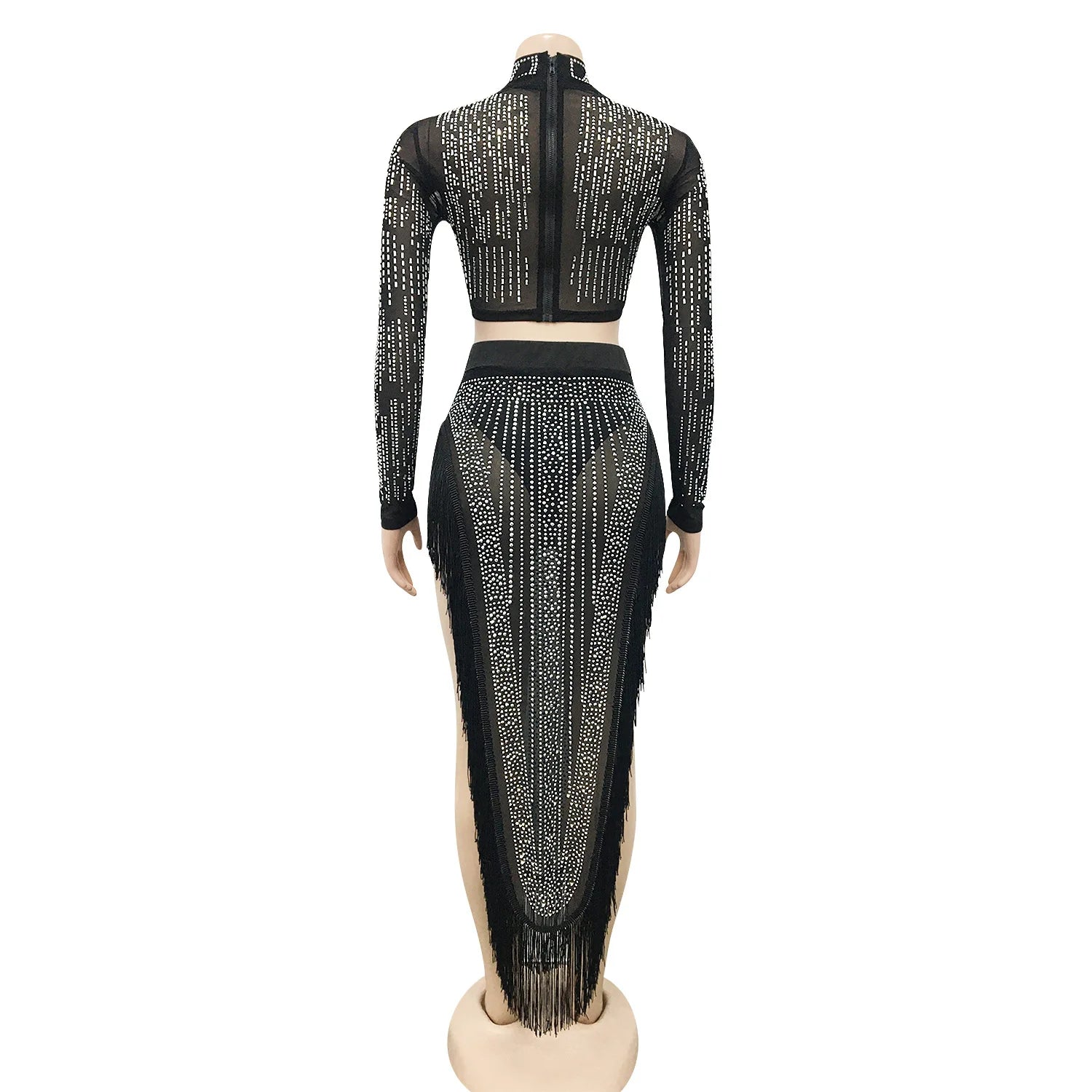 Skirt Set Women Two Piece Sets Dress Sets Mock Neck Matching Set Diamond Short Tops Party High Waist Long Skirts Sexy Hot Tassel