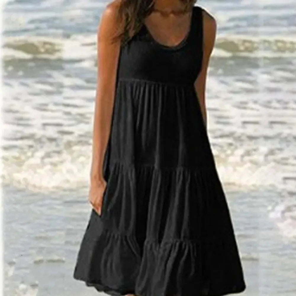 Women Causual O Neck Sleeveless Ruffles Mini Dress Boho Solid Beach Sundress Oversized Loose Dress 2024 Summer