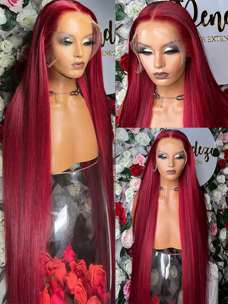 Peluca frontal de encaje HD 13x4 de cabello humano liso burdeos Pelucas frontales de encaje 13x6 de cabello humano liso rojo 99J con densidad del 250% de cabello humano