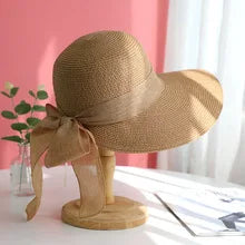Sombrero de sol de verano estilo bohemio para mujer, protección solar, gorra de pescador de paja de playa, visera de encaje con lazo grande a la moda