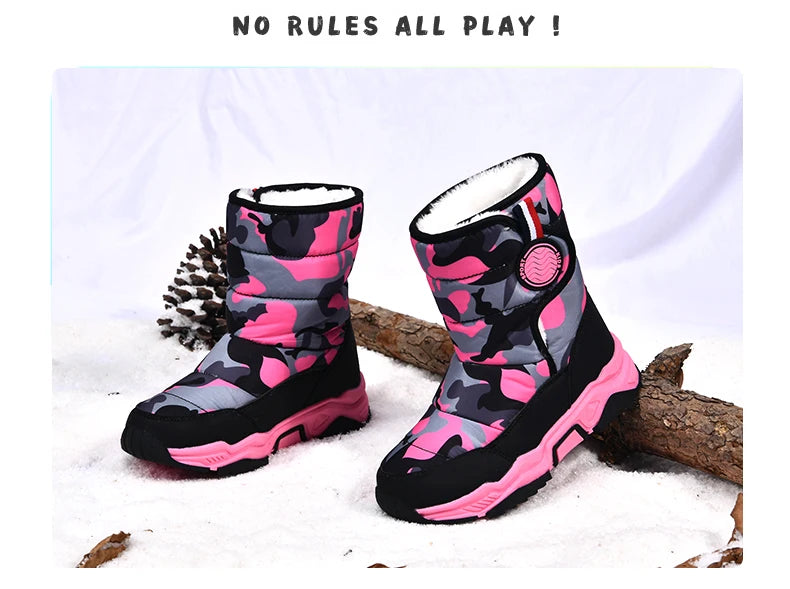 Winter Children Casual Shoes Girls Non-slip Warm Fur Snow Boots Boys Tactical Sneakers Kids Outdoor Footwear Padded Boots Female