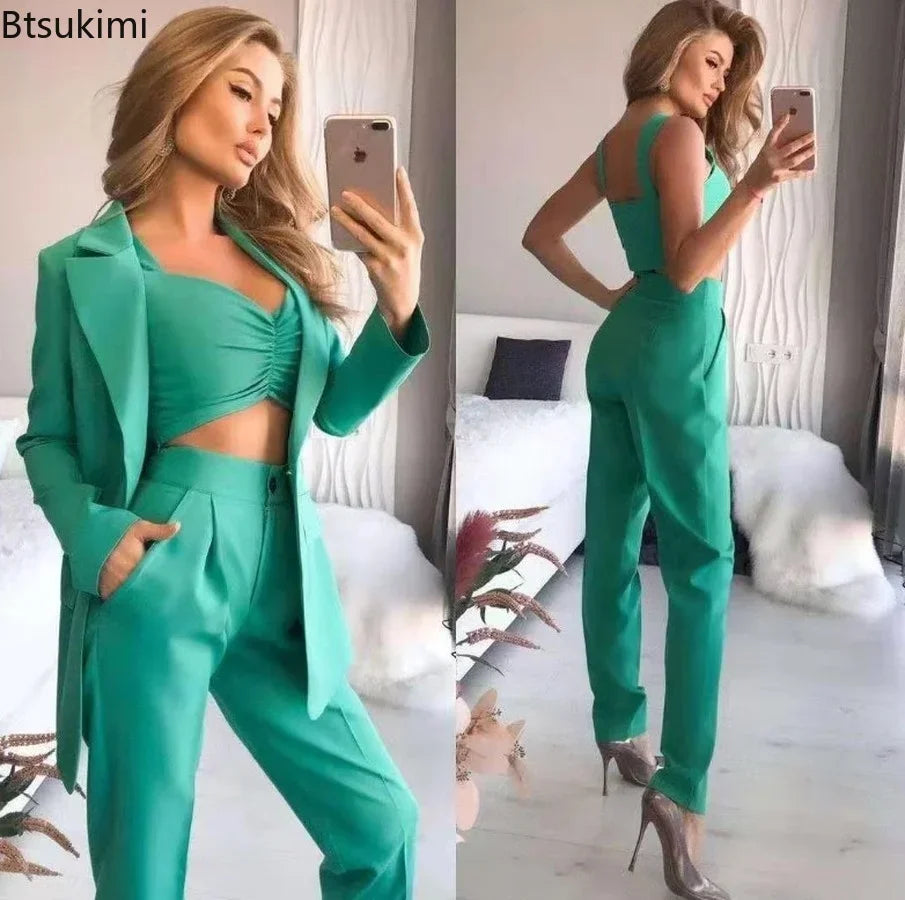 Nuevo Traje Elegante de Oficina para Mujer de 3 Piezas, Transpirable, con Cuello Vuelto, Trajes de Chaqueta y Vestido para Mujer, Chaqueta Delgada + Chaleco + Conjunto de Pantalones