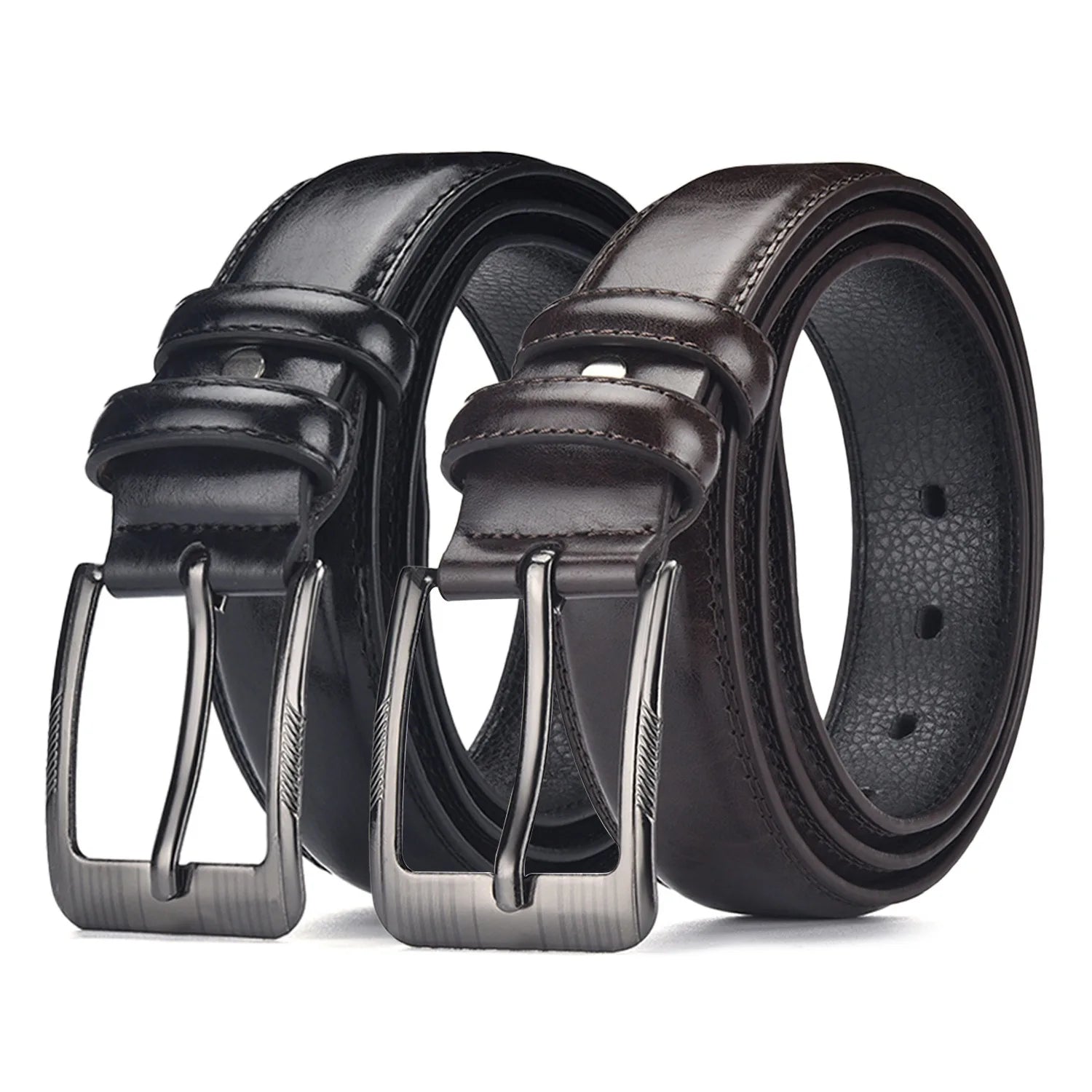 Paquete de 2 cinturones de hebilla de pasador de negocios para hombres | Estilo para el día a día y conjunto de regalo para festivales, cuero auténtico