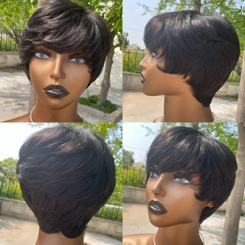 Pelucas Pixie Cut Pelucas de Cabello Humano Peluca Corta Pixie Cut de Cabello Humano para Mujeres Negras Pelucas Hechas a Máquina con Flequillo