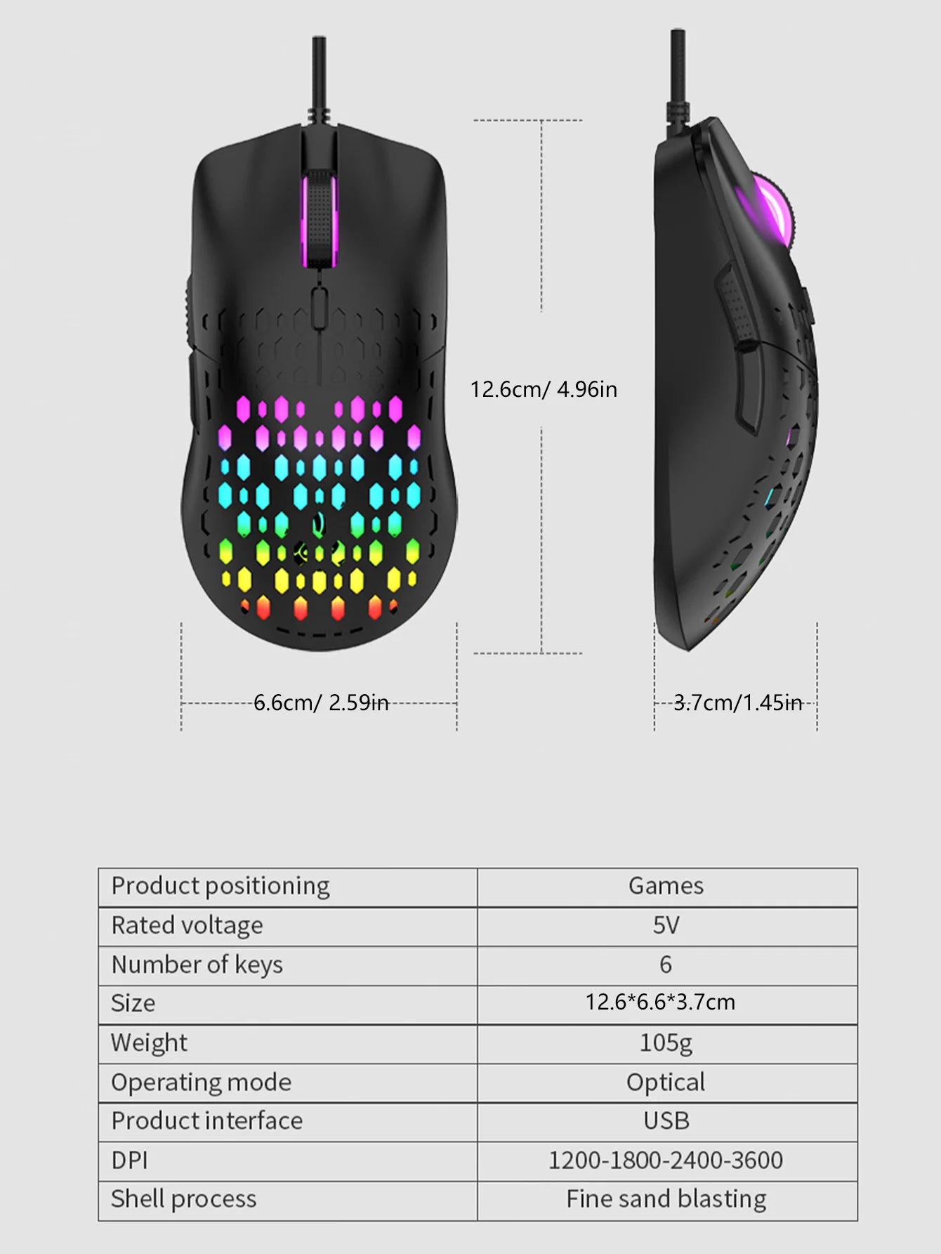 Ratón inalámbrico para juegos, efecto de luz deslumbrante y colorido, DPI variable, ratón perforado con diseño de panal de abeja a la moda