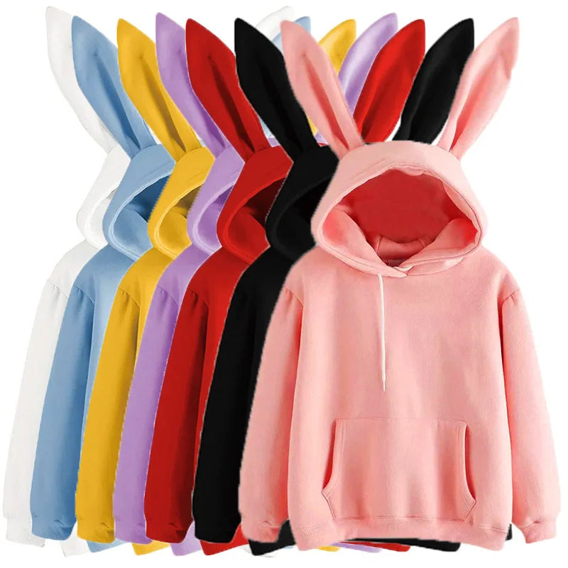 Autumn Winter Women Hoodies Kawaii Rabbit Ears Fashion Hoody Casual Loose Solid Color Warm Sweatshirt Hoodies For Women