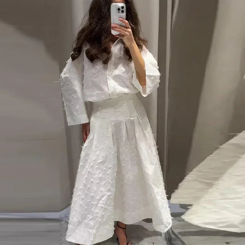 Conjunto de Falda Larga y Camisa con Borlas de Verano para Mujer Elegante Blanco Suelto Cintura Alta Plisada Maxi Faldas Trajes 2025 Ropa de Calle para Oficina