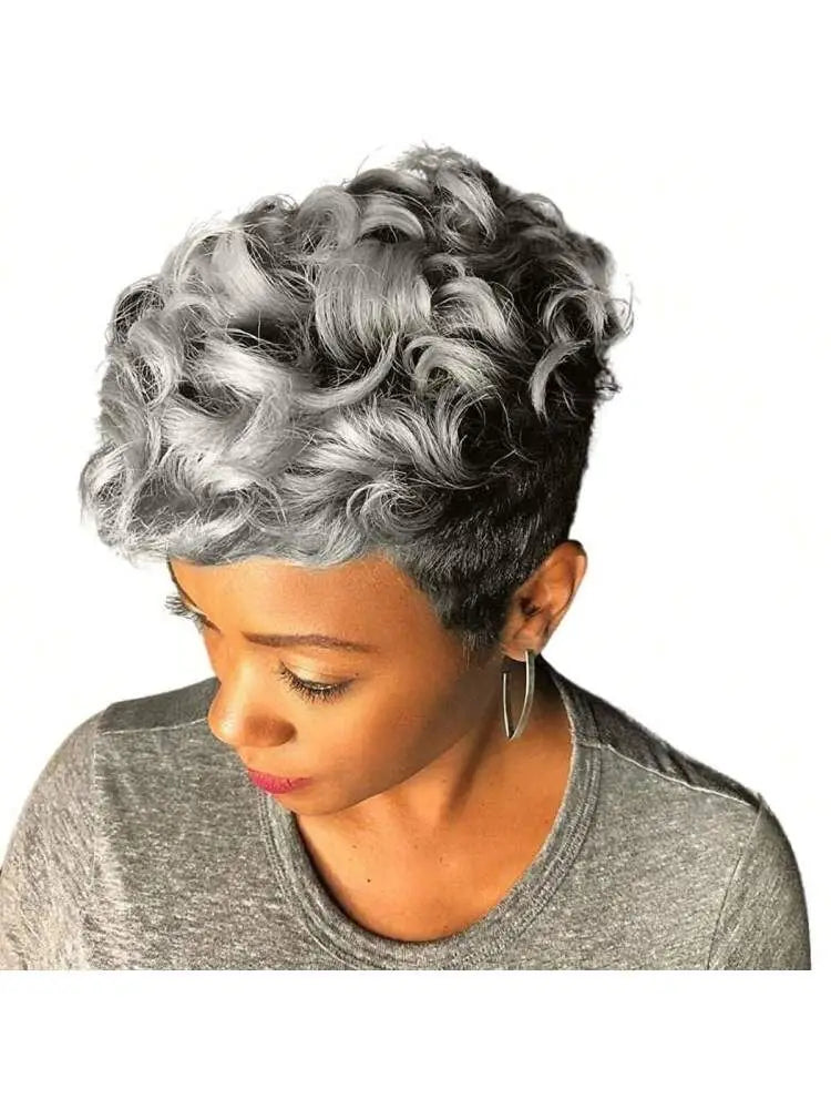 Short Pixie Cut Wig with Bangs for Black Women, Fluffy Curly Wig, Natural Wavy synthetic Wigs, Grey