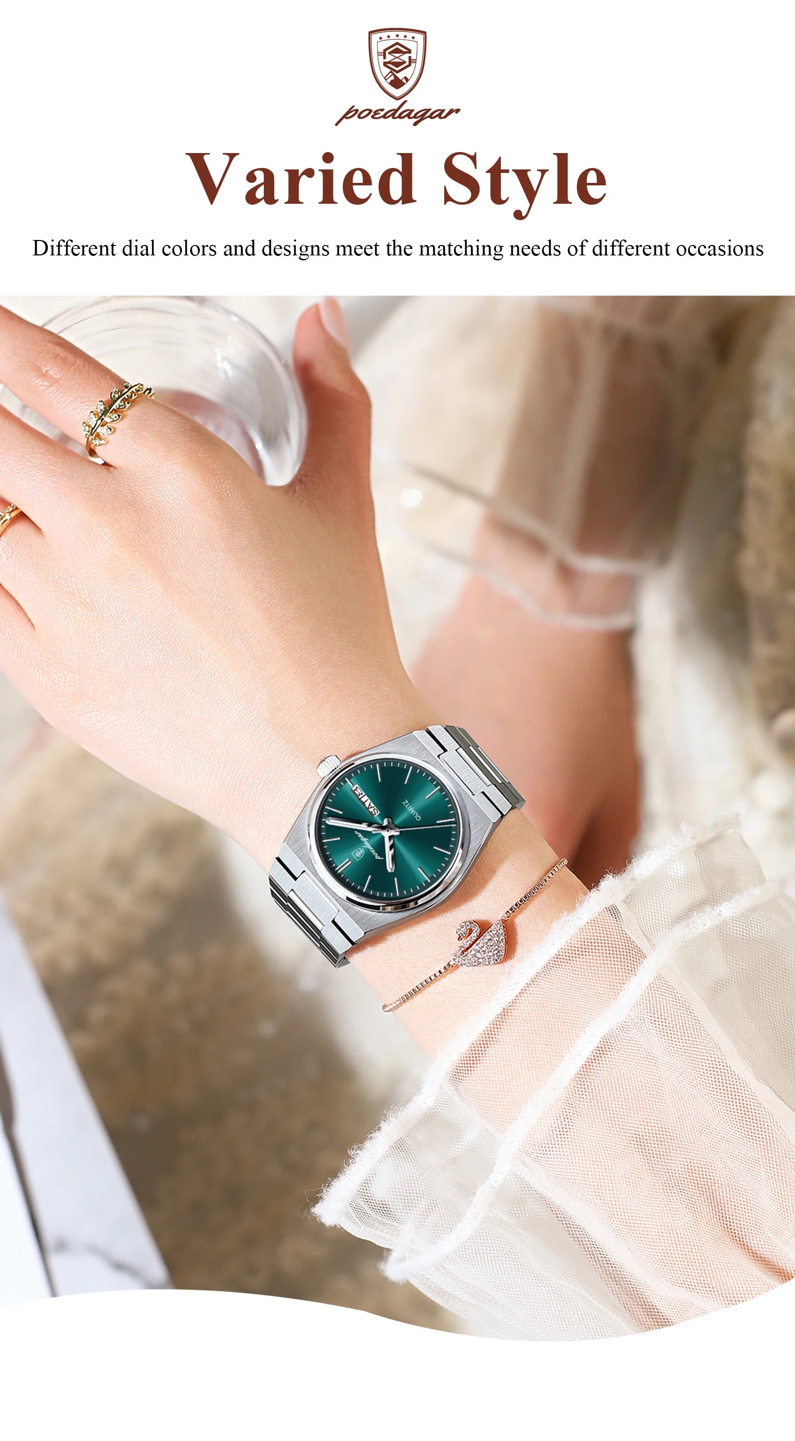 POEDAGAR Relojes Elegantes para Mujer Impermeable Luminoso Fecha Semana Reloj de Cuarzo de Acero Inoxidable para Mujer Reloj de Pulsera de Moda