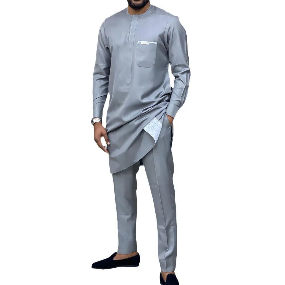 Traje de fiesta africano para hombre, conjunto de dos piezas, cuello redondo, mangas largas, bolsillo, empalme, top y pantalones, ropa de verano africana, atuendos sencillos de caballero
