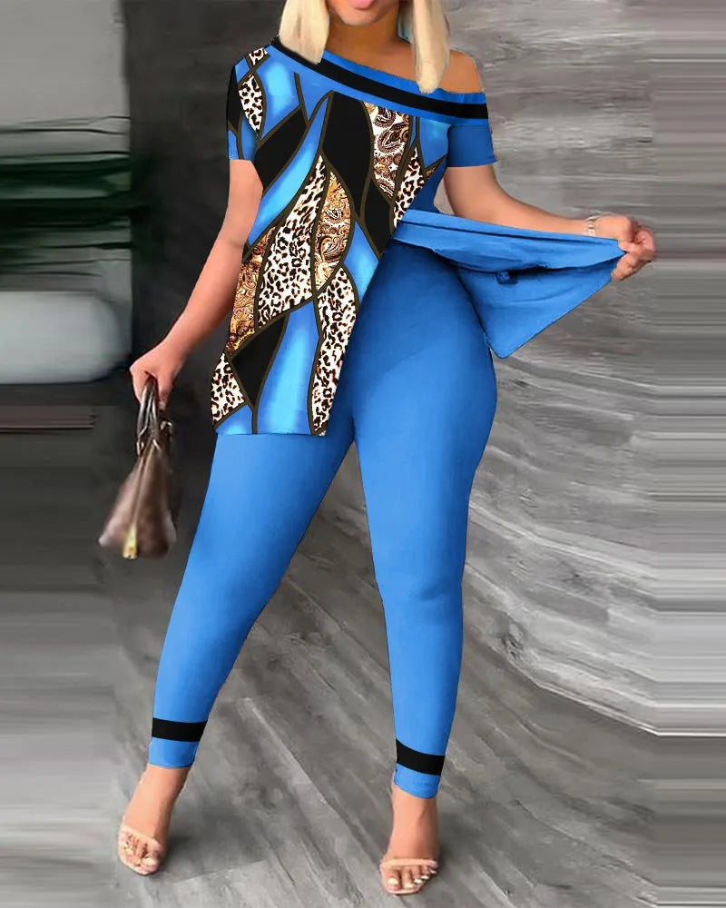 Conjuntos de dos piezas elegantes para mujer, nueva moda, estampado, top de manga con volantes, conjunto de pantalones de color sólido con cinturón, blusas, ropa femenina