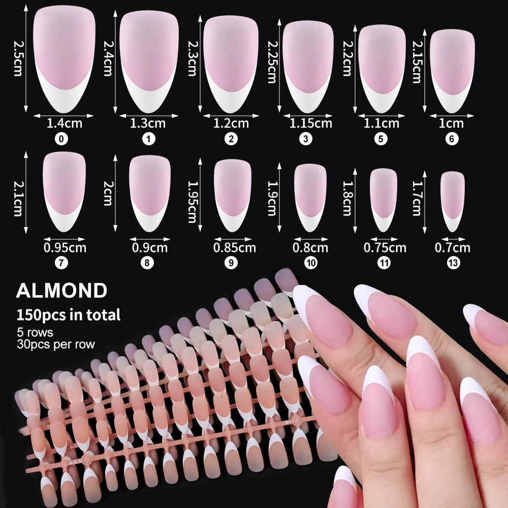 150/100/24Pcs Pink Matte French Press On Nail Tips Soft Full Cover Fake Nails Oval Almond False Nails Natural Extension Manicure