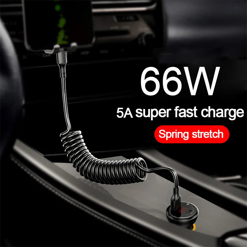 Cable telescópico de carga rápida para coche USB tipo C 66W 5A, tipo C a tipo C para iPhone 15 Samsung Huawei Xiaomi Redmi OnePlus