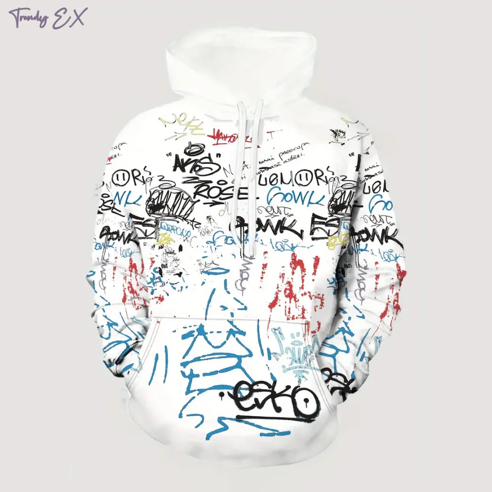 Sudaderas para hombre con estampado de grafiti de moda, sudadera con capucha informal de gran tamaño, bolsillo canguro cómodo, sudadera con capucha deportiva de manga larga
