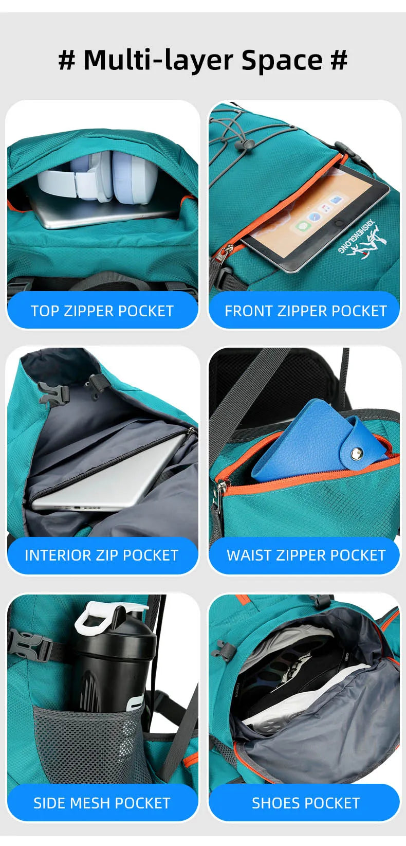 Mochila de senderismo, bolsa de camping, montañismo con funda impermeable para lluvia, mochila de día para hombres y mujeres, mochila de viaje al aire libre, pesca
