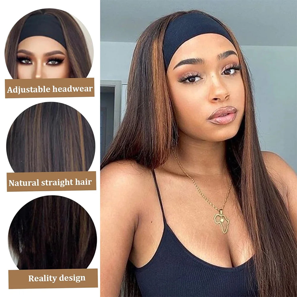 Long Synthetic Brown Blonde Highlight Wig With Headband, Heat Resistant Silky Straight Headband Wigs For Women In Daily