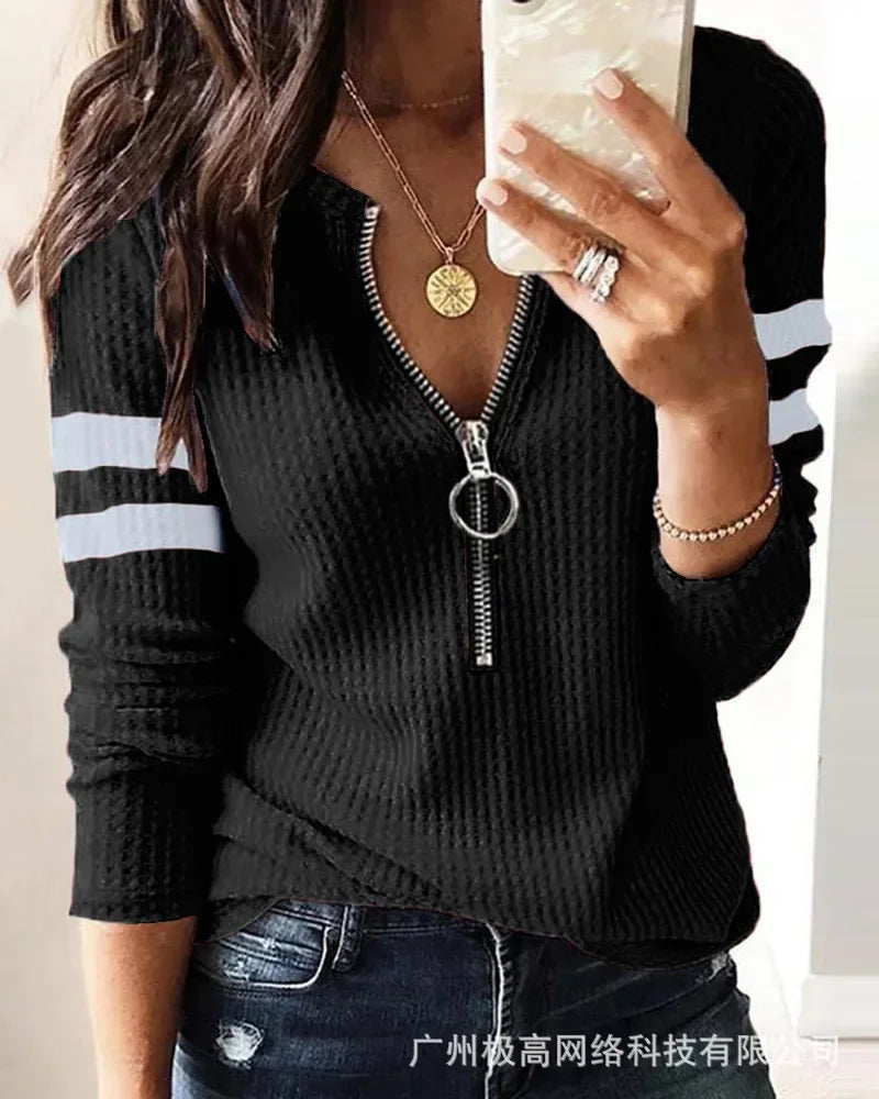 Tops para mujer con cuello en V, moda casual, suéter, estampado a rayas, cierre frontal, manga larga