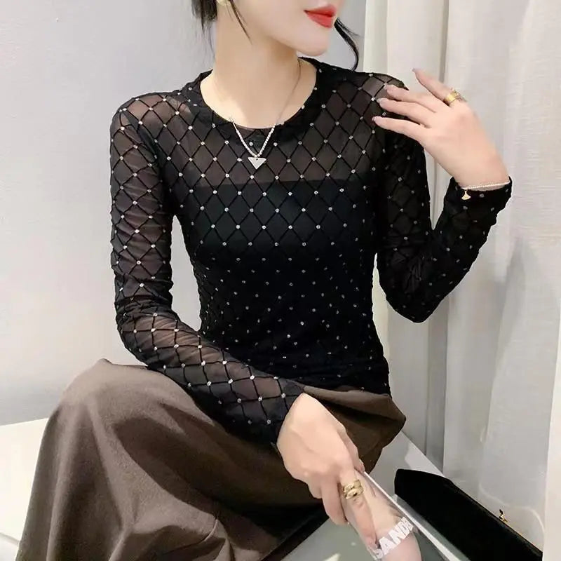 Women Clothing Spring Autumn Korean Fashion Sexy See Through Mesh Rhinestone Basic T Shirt Elegant O Neck Long Sleeve Slim Tops