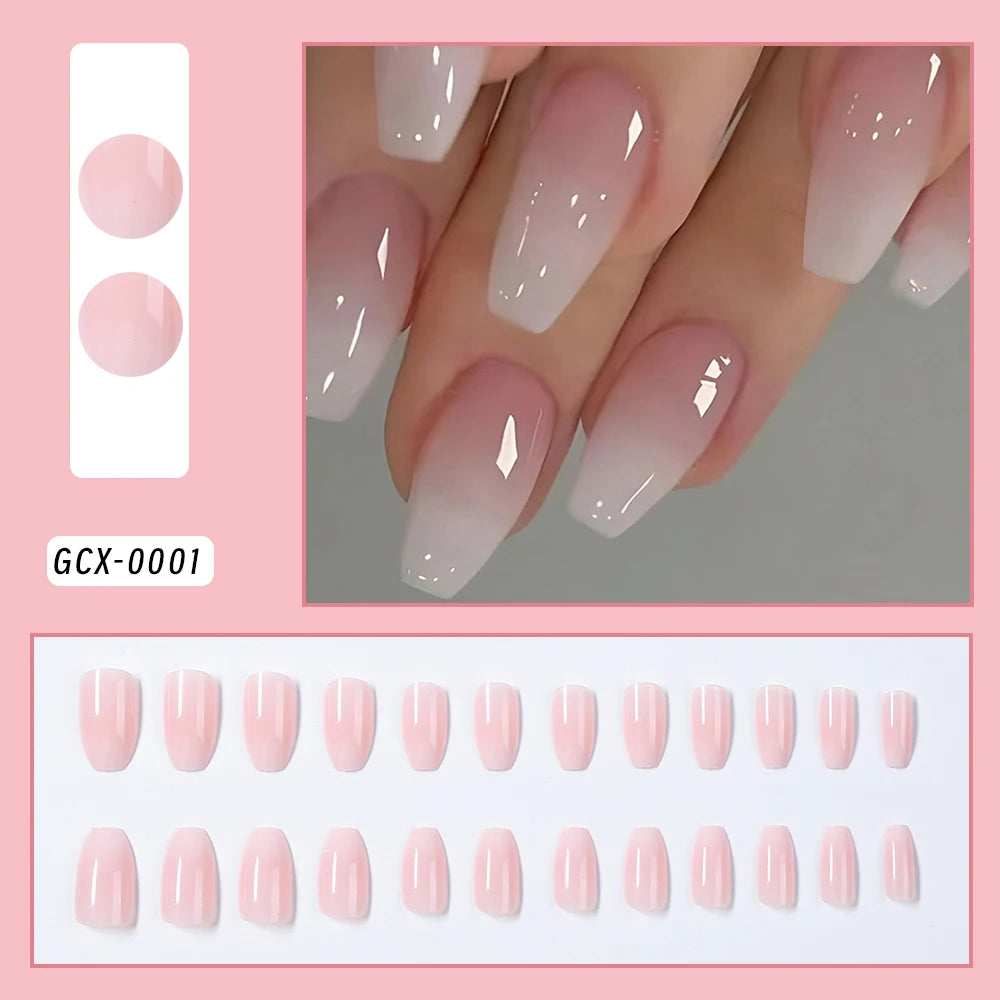 24 Pcs Uñas postizas cuadradas cortas estilo ataúd, uñas postizas francesas con brillo, uñas acrílicas de cubierta completa para mujer, puntas de uñas a presión tipo ballet