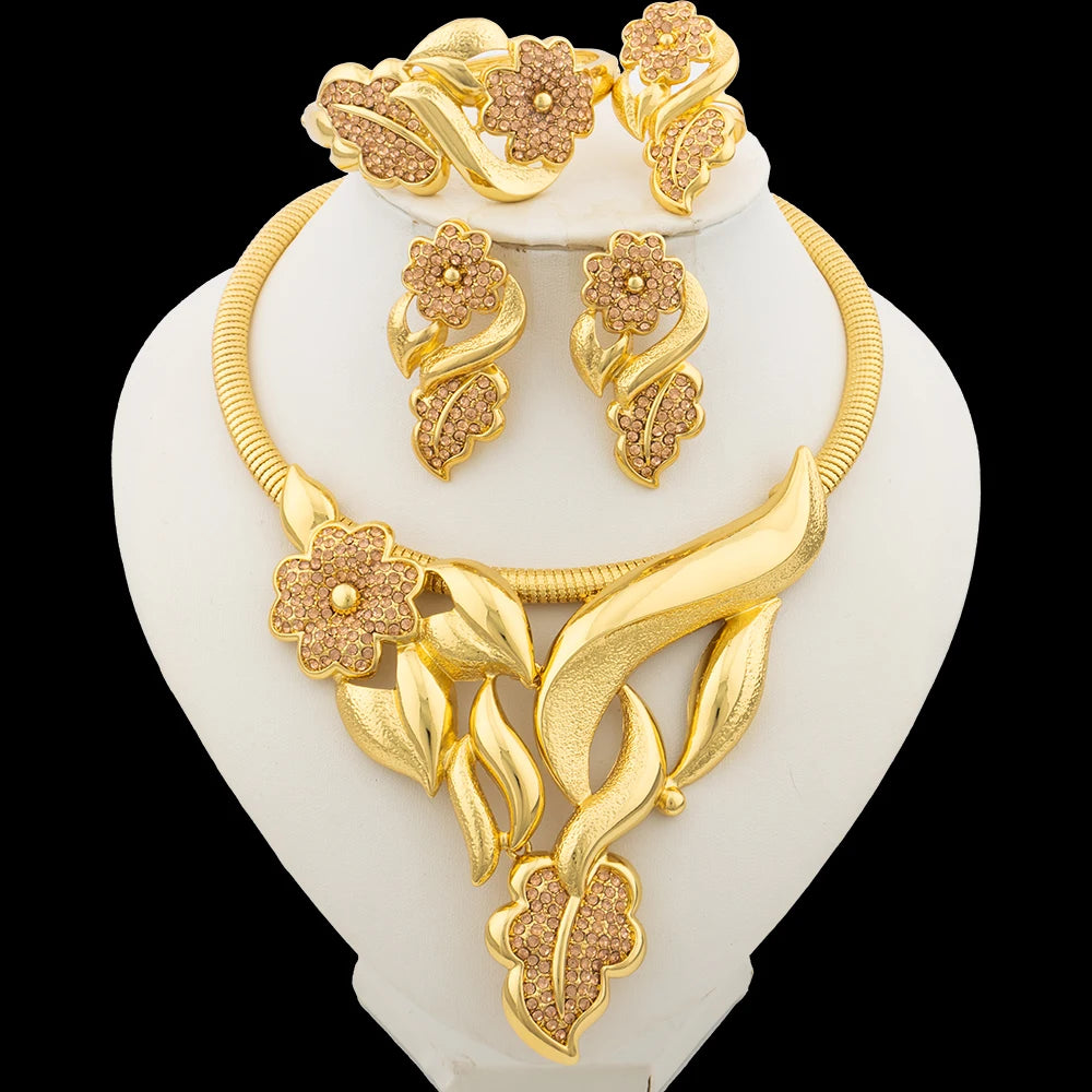 Luxury Flower Jewelry Set – 18K Gold Color Elegance for Brides & Special Occasions