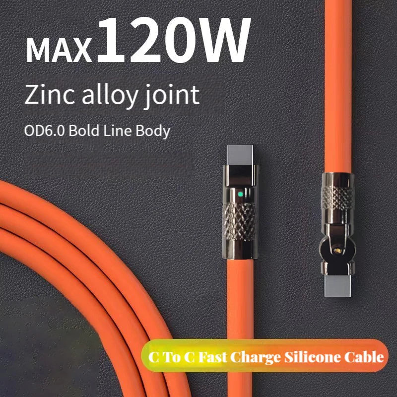 Câble de données USB Type-C 120 W 6 A, charge ultra rapide, coudé à 180 °, en silicone, type-c, 1 m/2 m