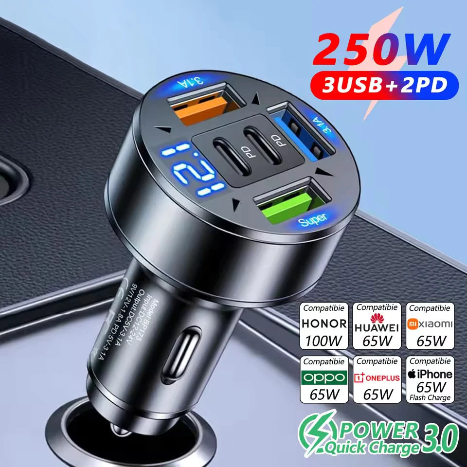 250W 5-Port Car Charger PD QC3.0 USB C Fast Charging Car Phone Adapter With LED Voltage Display For iPhone Samsung Huawei Xiaomi