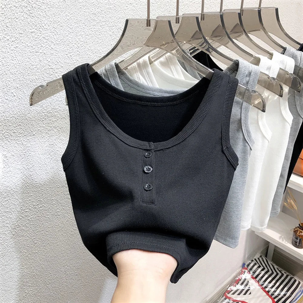 Camiseta sin mangas para mujer de canalé con botones, blusa sin mangas, color liso, informal, para mujer y adolescente, moderna, básica, vestidos de verano