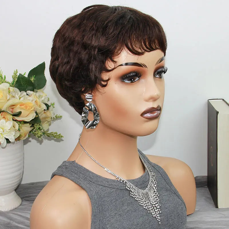 Pixie Cut Human Hair Wigs Short Wigs for Women Layered Pixie Wig With Bangs Glueless Full Machine Made Dark Brown #2 On Sale