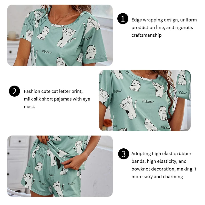 Pijamas de Mujer Conjuntos de Manga Corta Parte Superior y Pantalones Ropa de Dormir 2 Piezas Pjs Ropa de Casa Conjunto de Pijama Estampado de Dibujos Animados Ropa de Dormir
