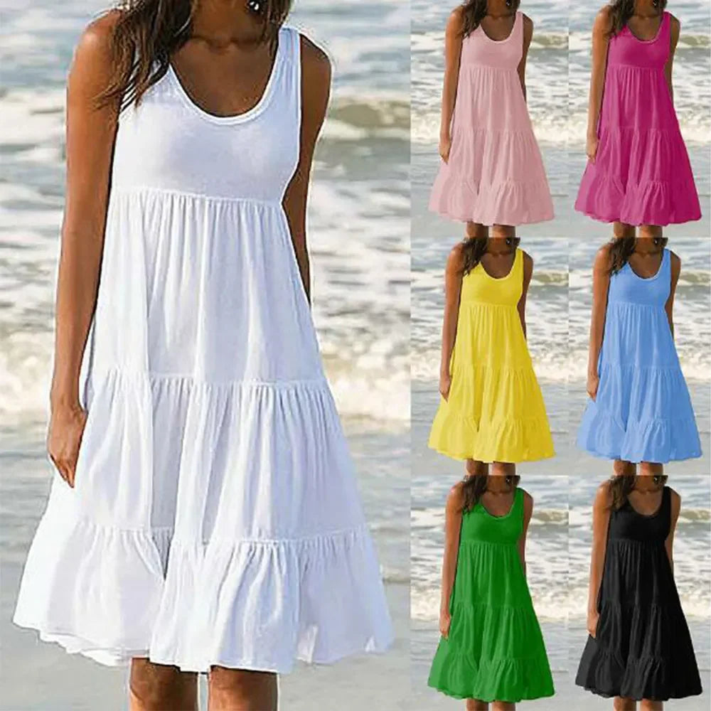 Women Causual O Neck Sleeveless Ruffles Mini Dress Boho Solid Beach Sundress Oversized Loose Dress 2024 Summer