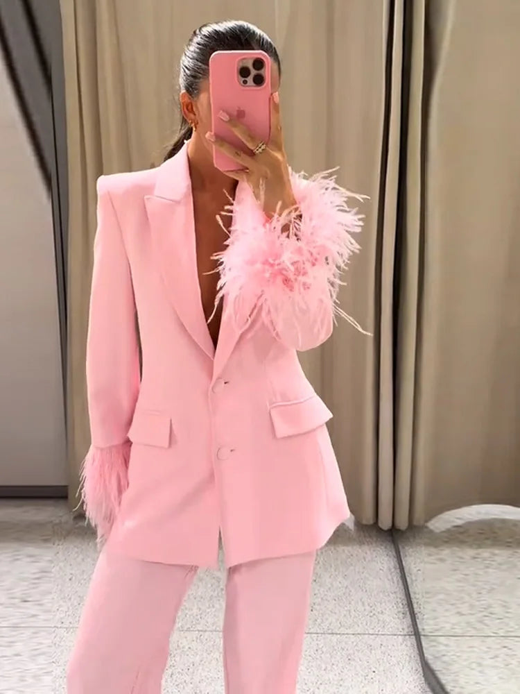 Women's Pink 2-Piece Blazer Suit Set Elegant Feather Trimmed Long-Sleeve Outerwears Matching Pants for Party & Evening Occasions